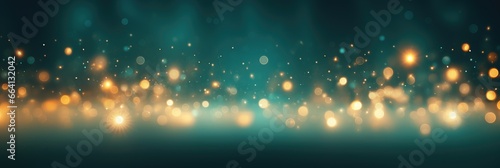 Abstract golden yellow and emerald green glitter lights background. Circle blurred bokeh. Festive backdrop for Christmas, party, holiday or birthday with copy space