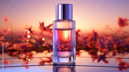 A bottle of perfume sitting on top of a table. Transparent opalescent liquid beauty product.