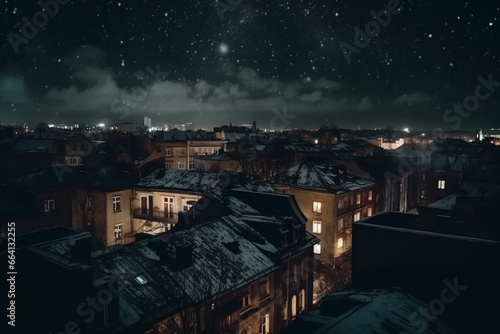 Night town with old multistorey houses  stars and clouds in high quality dark cold tones  cinematic view from bird fly. Generative AI