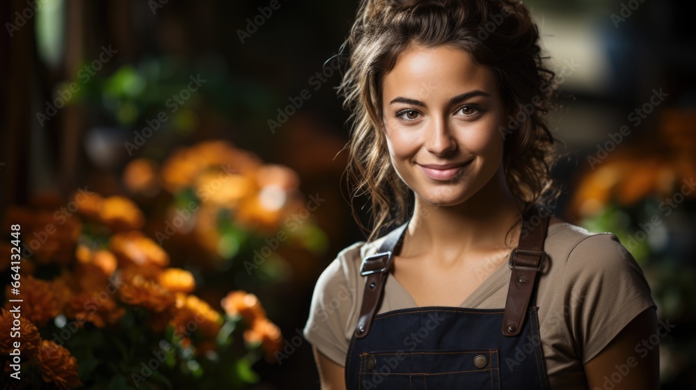 A woman standing in front of a bunch of flowers. Female gardener at work. A woman standing in front of a bunch of flowers. Female gardener at work.