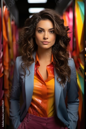 Young beauty business fashionable girl standing in a modern glassy office