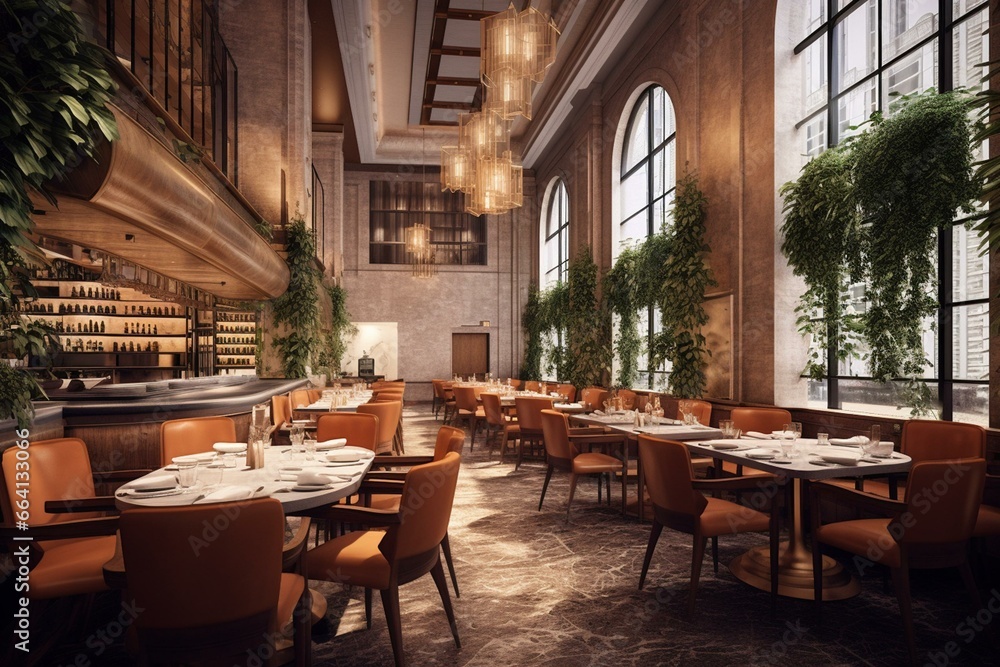 Interior of an upscale restaurant showcased through a 3D rendering. Generative AI