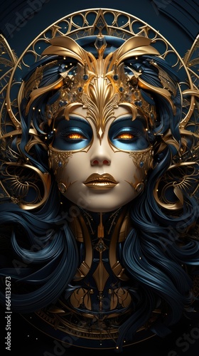 A woman with a gold mask and blue eyes. Art deco imaginary poster.