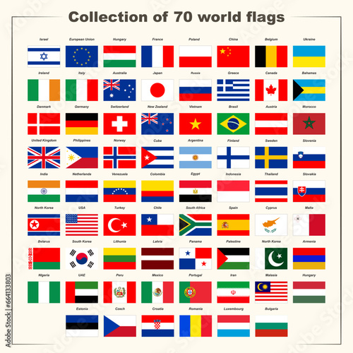 Collection of 70 flags of the countries of the world. Map. Travel app. Educational material for schoolchildren. Geography