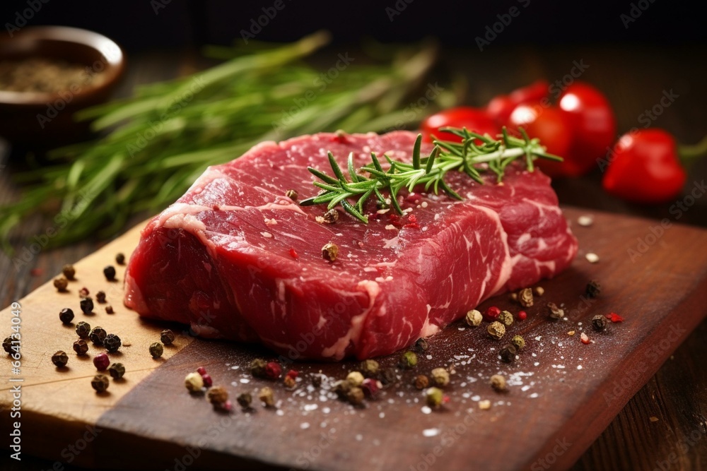 Raw beef steak with pepper and herbs on a wooden background. Generative AI