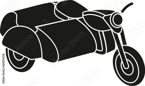 Cartoon Black and White Isolated Illustration Vector Of A Motorbike with Attached Side Car Carriage