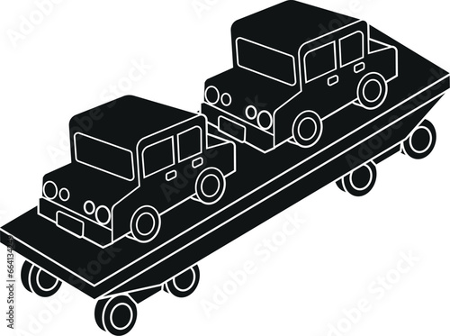 Cartoon Black and White Isolated Illustration Vector Of A Train Freight Carriage Loaded with 2 Car Vehicles