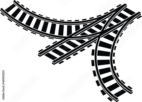Fototapeta Naklejka Na Ścianę i Meble -  Cartoon Black and White Isolated Illustration Vector Of A Section of 3 Way Split Railway Train Track Piece