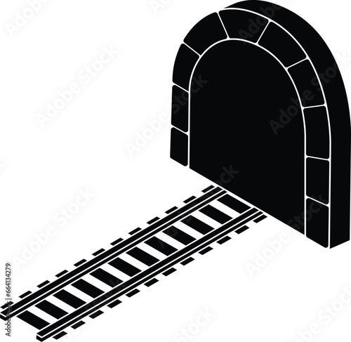 Cartoon Black and White Isolated Illustration Vector Of Train Rail Track Going Into A Tunnel