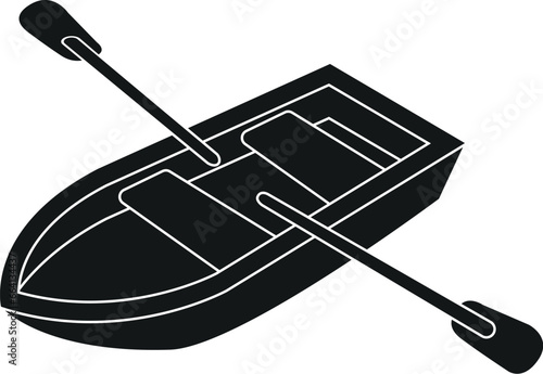 Cartoon Black and White Isolated Illustration Vector Of A Wooden Row Boat with 2 Paddle Oars