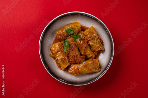 Cabbage Rolls, Stuffed with Meat. On a Red Background, in a Gray Plate.