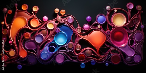 A colorful abstract painting of circles and swirls. AI image.
