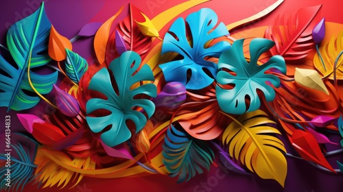 A bunch of colorful paper flowers on a red background. Vibrant pop art image.