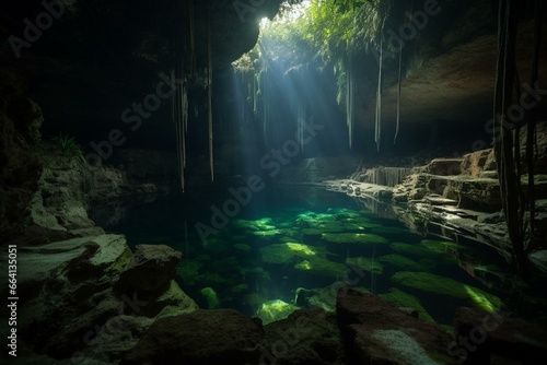 Underwater adventure in Mexico's cenote Angelita with cave diving and eerie fogscape. Generative AI
