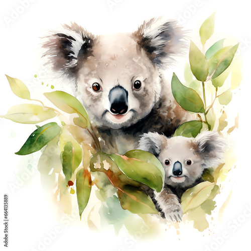 Watercolor illustration of koala mother and cub on white background