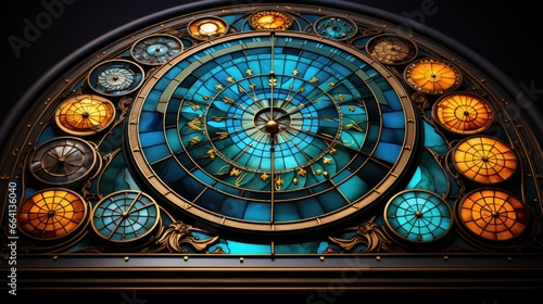 A stained glass window with a clock on it. AI image. Imaginary astrological clock.