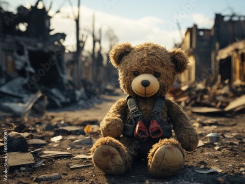 brown teddy bear on road in city war situation building destroy by missile in bird eyes view