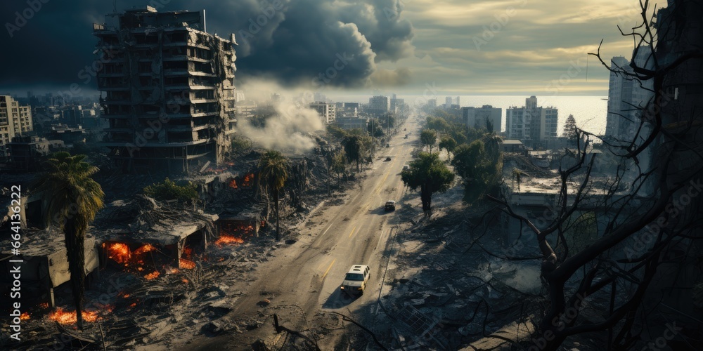illustration of chaos city in war after missile and bomb hitting road, building and car - obrazy, fototapety, plakaty 