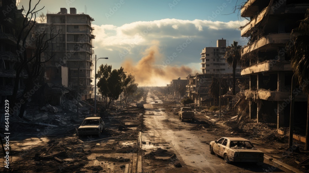 illustration of chaos city in war after missile and bomb hitting road, building and car illustration of chaos city in war after missile and bomb hitting road, building and car