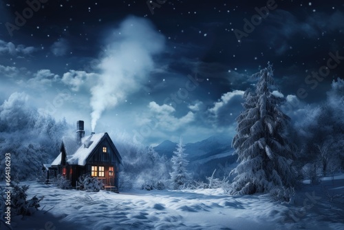 Snow-covered house and smoke from the chimney on Christmas night
