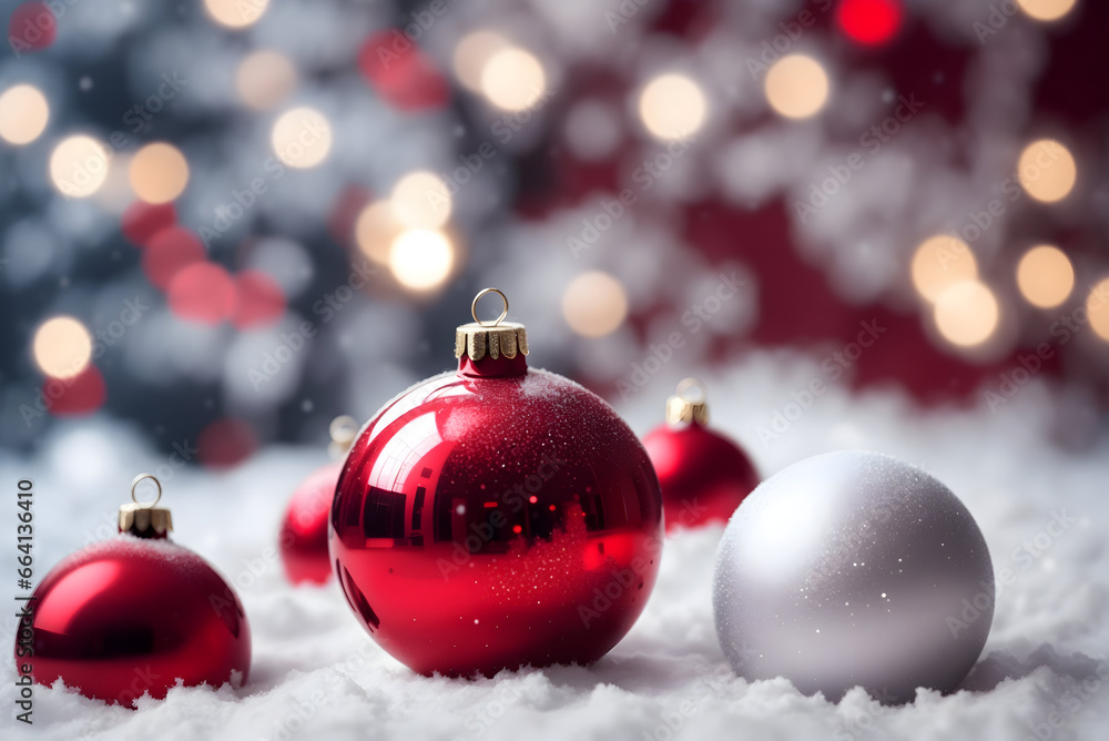 blurry background of red minimal christmas balls on snow blurry background of red minimal christmas balls on snow