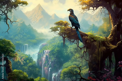 Majestic bird surrounded by enchanting landscapes. Generative AI