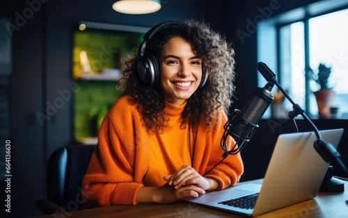 Beautiful young woman podcaster making audio podcast from her studio