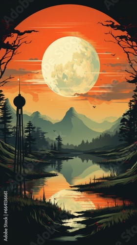 A painting of a sunset over a lake. Art deco imaginary poster.