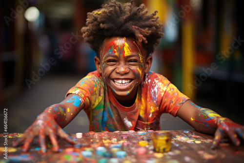 A young boy with paint all over his face. Finger painting activity.