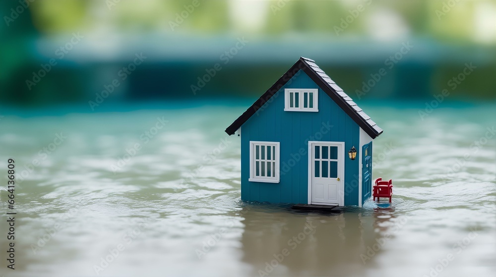水没するミニチュア モデル ハウス、自然災害と洪水、コンセプトの背景|A miniature model house submerged in water. natural disasters and floods. concept background. Generative AI 水没するミニチュア モデル ハウス、自然災害と洪水、コンセプトの背景|A miniature model house submerged in water. natural disasters and floods. concept background. Generative AI
