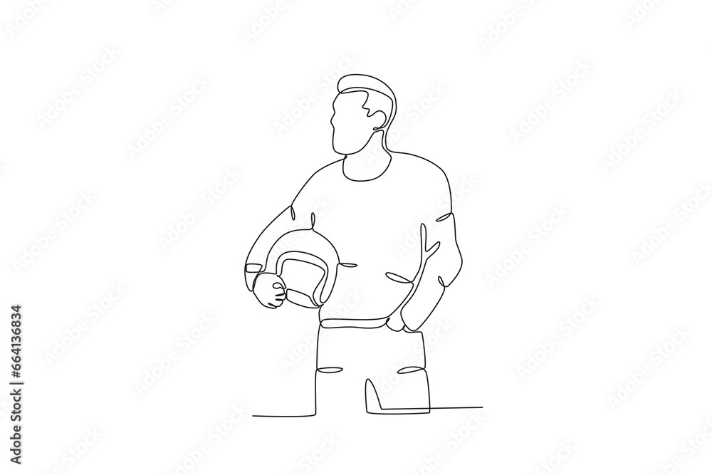 A man holding a helmet coolly. Bikers one-line drawing A man holding a helmet coolly. Bikers one-line drawing