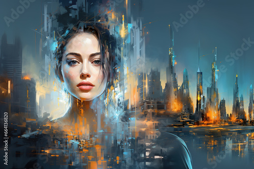 Portrait of beautiful woman with backdrop of dark city skyline