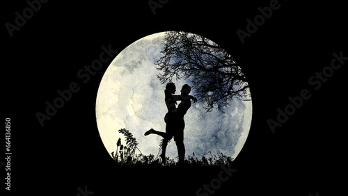 pareja dándose un abrazo bajo la luna llena.