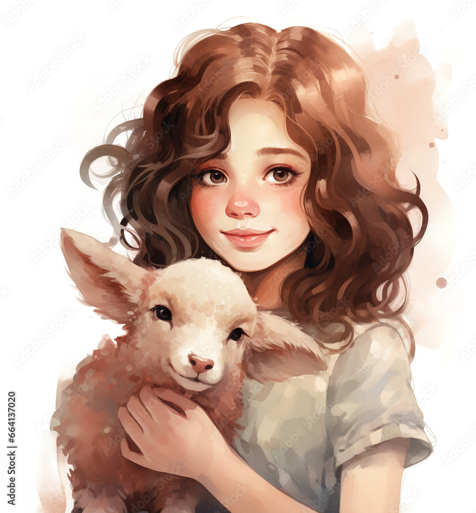 Cartoon of a cute curly-haired girl holding a lamb Cartoon of a cute curly-haired girl holding a lamb