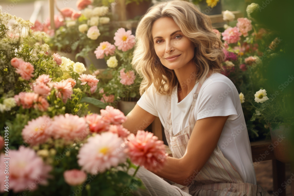 A woman sitting in front of a bunch of flowers. Portrait of middle-aged gardener.