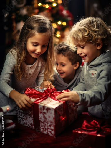 Happy children opening Christmas gifts