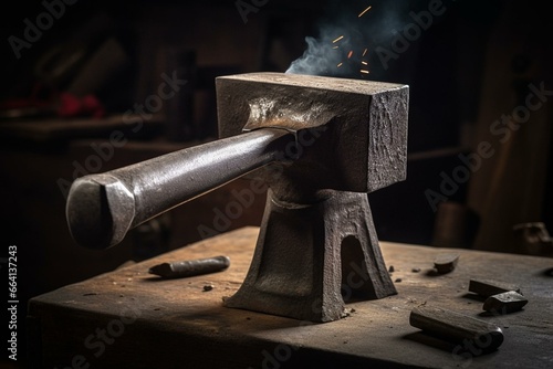 metal hammer striking anvil. Generative AI