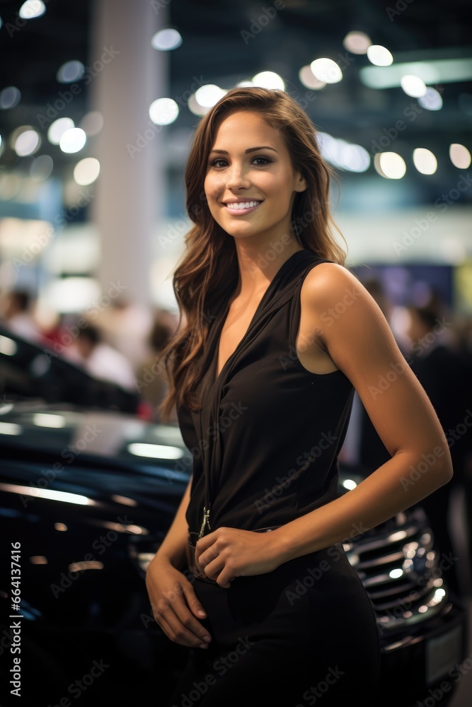 A beautiful woman posing at an auto show