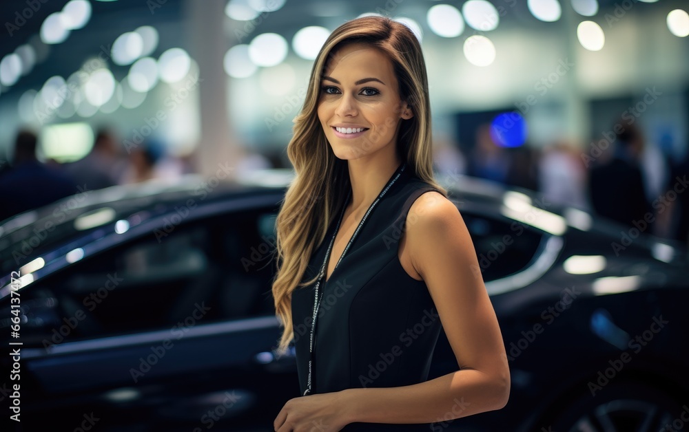 A beautiful woman posing at an auto show A beautiful woman posing at an auto show