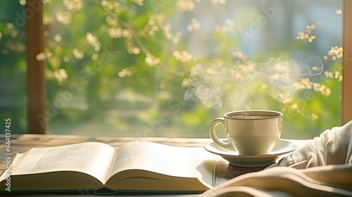 Beautiful Morning Scene with Coffee or Tea Cup, Good Book, and Flowers in Soft Morning Sunlight - Cozy Reading and Relaxation, Perfect for a Fresh Start to the Day