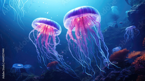 Two glowing jellyfish swim in the water