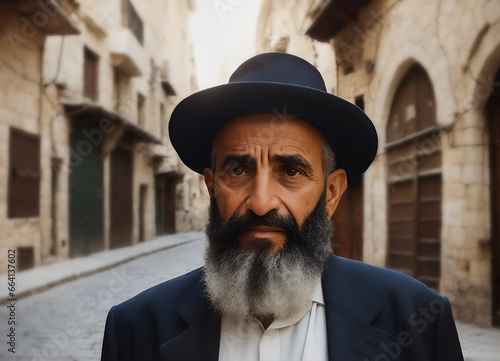 Portrait of an orthodox rabbi on the ancient city streets photo