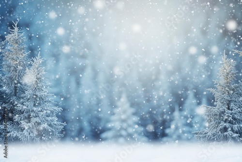 winter and christmas snowy background with snowdrifts and snow-covered blur forest. cold winter time, generative ai