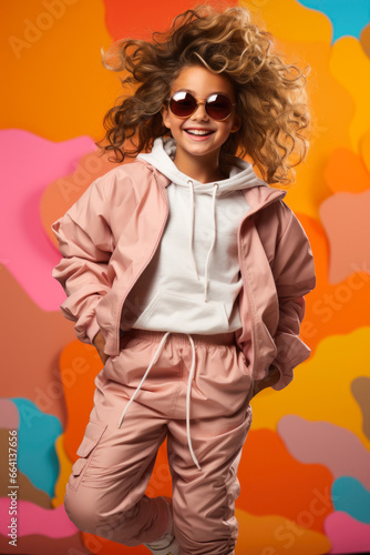 A woman in a pink jacket and sunglasses posing for a picture. AI image. Kid in casual wear.