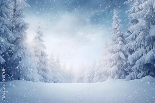 winter and christmas snowy background with snowdrifts and snow-covered blur forest. cold winter time, generative ai © Nia™