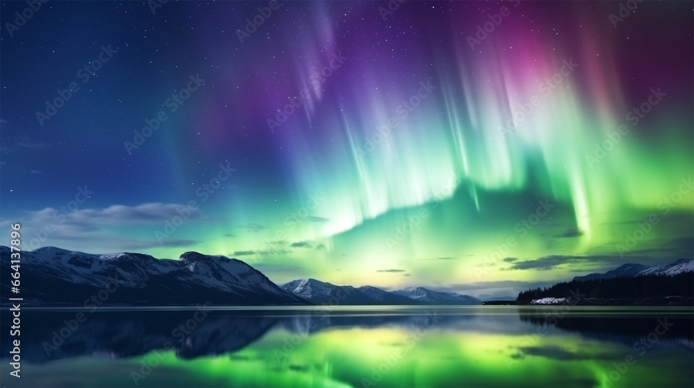 Landscape of mountains and lake with aurora borealis, Northern Lights