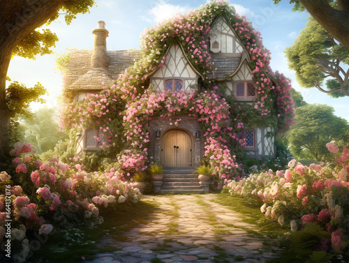 Quaint old English cottage farm house with beautiful pink roses and garden