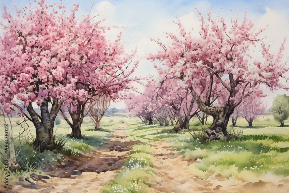 watercolor painting of cherry trees. Generative AI watercolor painting of cherry trees. Generative AI