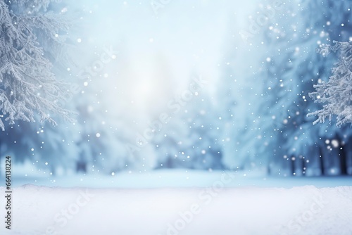 winter and christmas snowy background with snowdrifts and snow-covered blur forest. cold winter time, generative ai