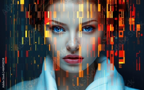 Gorgeous woman is seen through screen with code photo